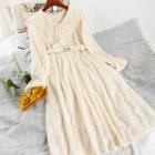 Long-sleeve Lace Midi A-line Dress Almond - One Size