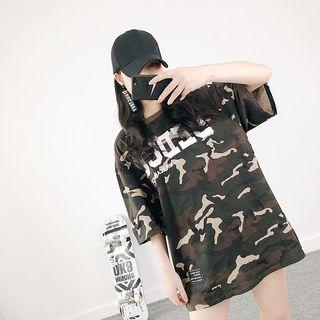Elbow-sleeve Camo Print Oversized T-shirt