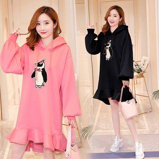 Penguin Appliqued Ruffle-hem Hoodie Dress