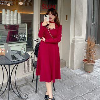 Long-sleeve Cutout Rhinestone Midi A-line Dress
