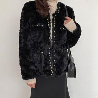 Round-neck Faux-fur Tweed Jacket