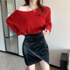 Off-shoulder Cable Knit Sweater / Asymmetric Mini Pencil Skirt