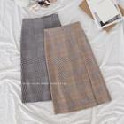 Check Woolen High-waist Midi A-line Skirt