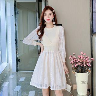 Long-sleeve Knit Panel Lace Mock Two Piece Dress