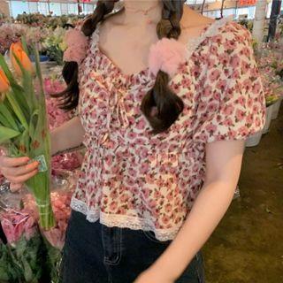 Puff-sleeve Floral Print Top Pink - One Size