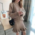 Set: Cable-knit Crew-neck Sweater + Mini Skirt