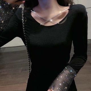 Rhinestone Crisscross Long-sleeve Top / Faux Leather A-line Mini Skirt