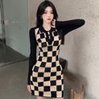 Mock Two-piece Long-sleeve Checkerboard Cutout Mini Bodycon Dress Black - One Size