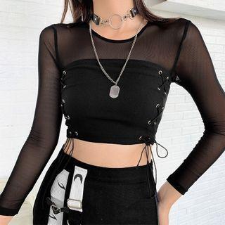 Long-sleeve Mesh Top / Tube Top / Mini A-line Skirt / Set