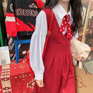 Plain Blouse / Dotted Tie-neck / Midi Jumper Skirt