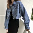 Cropped Buttoned Denim Jacket / Spaghetti Strap Midi Knit Dress