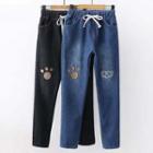 Cat & Paw Embroidered Fleece-lined Drawstring Jeans