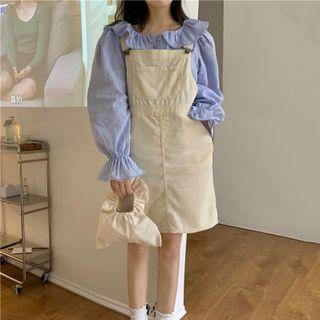 Puff-sleeve Plain Blouse / Corduroy Overall Dress