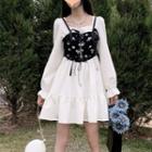 Long-sleeve Mock Two-piece Lace Up Floral Mini A-line Dress / Midi A-line Dress