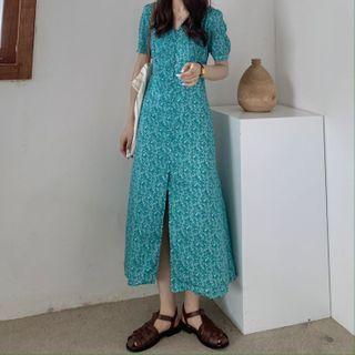 Short-sleeve Floral Print A-line Dress Floral - Cyan - One Size