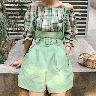 Set: Plaid Off -shoulder Top / Wide-leg Playsuit