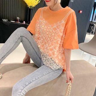 Mesh Panel Elbow-sleeve T-shirt Orange - One Size