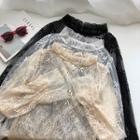 Plain Eyelet Lace Mock-neck Long-sleeve Mesh Top