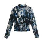 Long-sleeve Mock-neck Floral Print Cropped Blouse