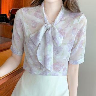 Short-sleeve Ribbon Print Chiffon Blouse