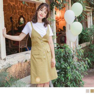 Sleeveless V-neck Plain Overall Dress
