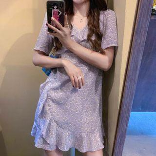 V-neck Floral Chiffon Dress Light Purple - One Size