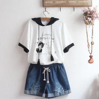 Set: Short-sleeve Cat Print Hoodie + Denim Shorts