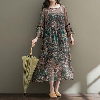 Set: Floral Print 3/4 Sleeve Midi Dress + Slipdress