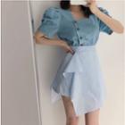 Square Neck Button-side Blouse / Irregular Elastic Waist Mini Skirt