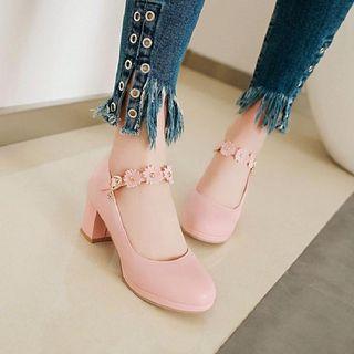 Flower Applique Block Heel Pumps