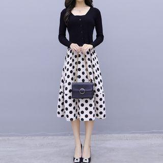 Set: Buttoned Long-sleeve Top + Dotted Midi A-line Skirt