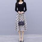 Set: Buttoned Long-sleeve Top + Dotted Midi A-line Skirt