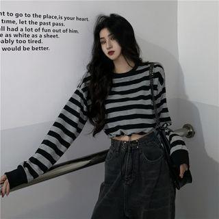 Striped Drawstring Cropped Sweatshirt / Puff-sleeve T-shirt