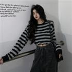 Striped Drawstring Cropped Sweatshirt / Puff-sleeve T-shirt