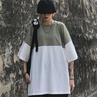 Couple Matching Elbow-sleeve Color Panel T-shirt