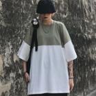 Couple Matching Elbow-sleeve Color Panel T-shirt