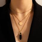 Gemstone Alloy Disc Pendant Layered Choker Necklace 16988 - Gold & Black - One Size