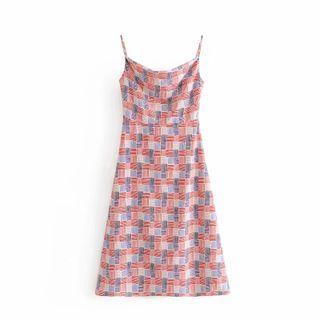 Spaghetti-strap Color Block Patterned Midi A-line Dress