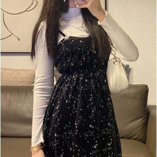 Long-sleeve Mock-neck T-shirt / Star Print Midi Overall Dress
