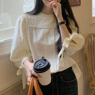 Round-neck Puff-sleeve Shirt Almond - One Size
