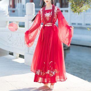 Set: Maxi A-line Skirt + Bell-sleeve Jacket + Embroidered Top