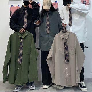 Couple Matching Plain Long-sleeve Shirt With Plaid Tie