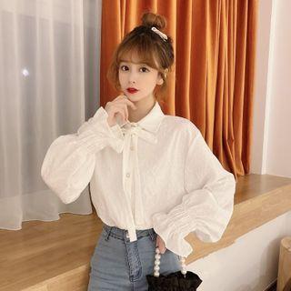 Collared Tie-neck Puff-sleeve Blouse White - One Size