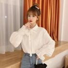 Collared Tie-neck Puff-sleeve Blouse White - One Size