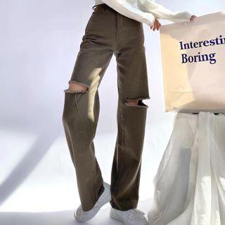 High Waist Distressed Loose-fit Straight Leg Jeans