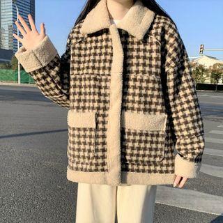 Fleece-lined Houndstooth Jacket Black & Beige - One Size