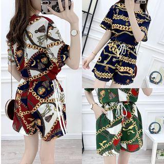 Set: Short-sleeve Printed Chiffon Top + Drawstring Shorts