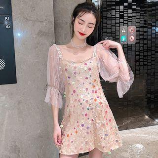 Sequined Mesh Panel Elbow-sleeve Mini A-line Dress