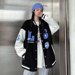 Long-sleeve Color Block Panel Lettering Baseball Jacket