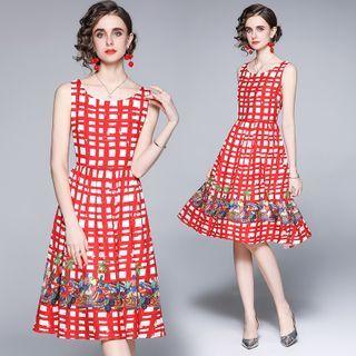 Sleeveless Check Graphic Print A-line Dress
